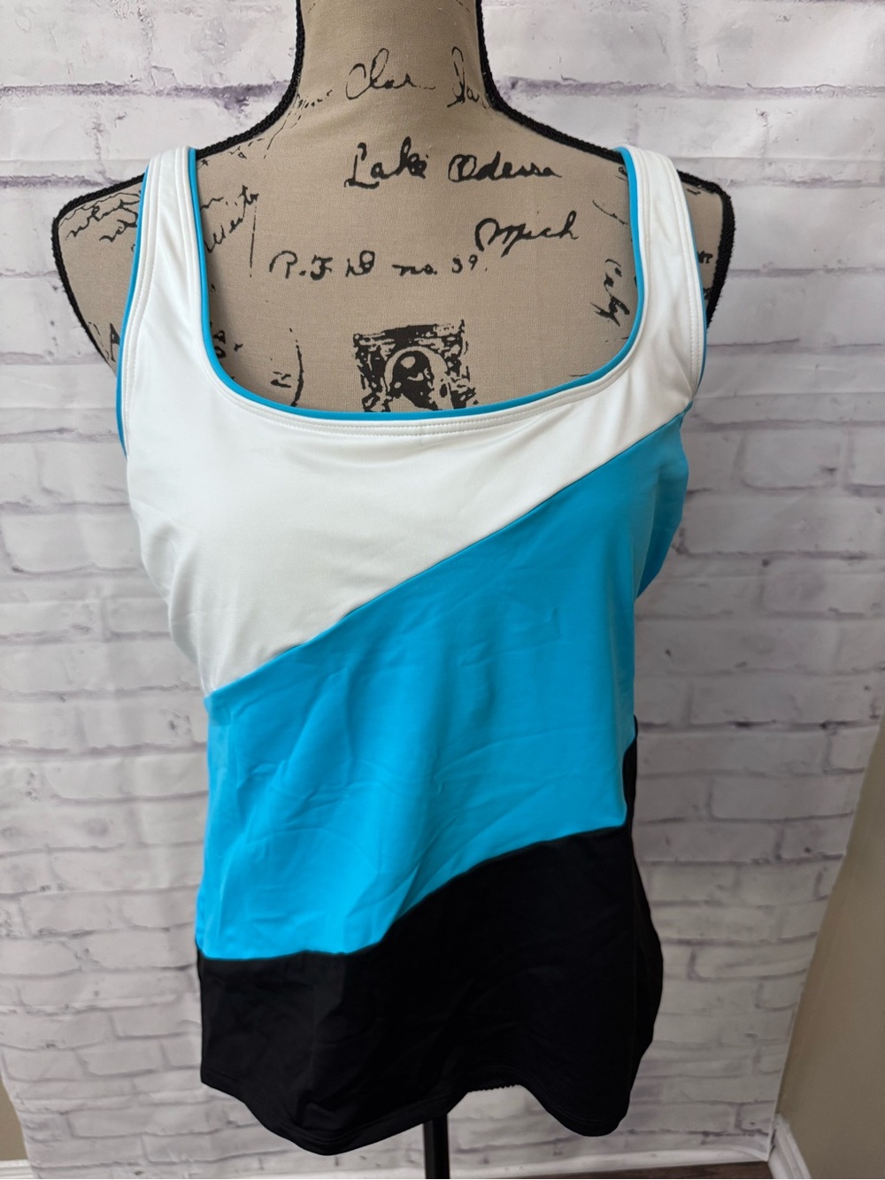Lands' End 12 Square Neck Tankini Swimsuit Top Blue Black Underwire Cup Modest